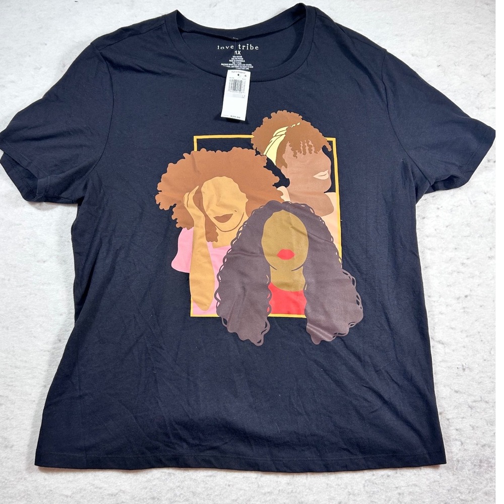 Love Tribe Womens Graphic T-Shirt Black Short Sleeve Crewneck Size 1X NWT